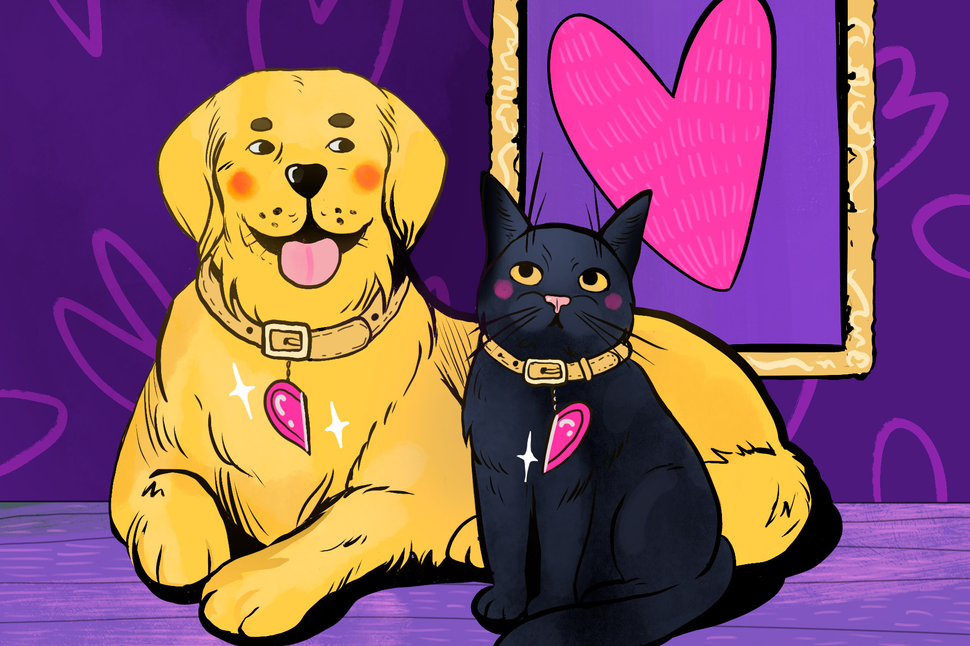 золотистый ретривер и чёрный кот